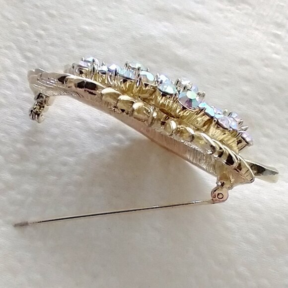 Vintage Coro Signed Brooch Pin AB Rhinestones Goldtone Metal Mid-Century - Picture 5 of 9